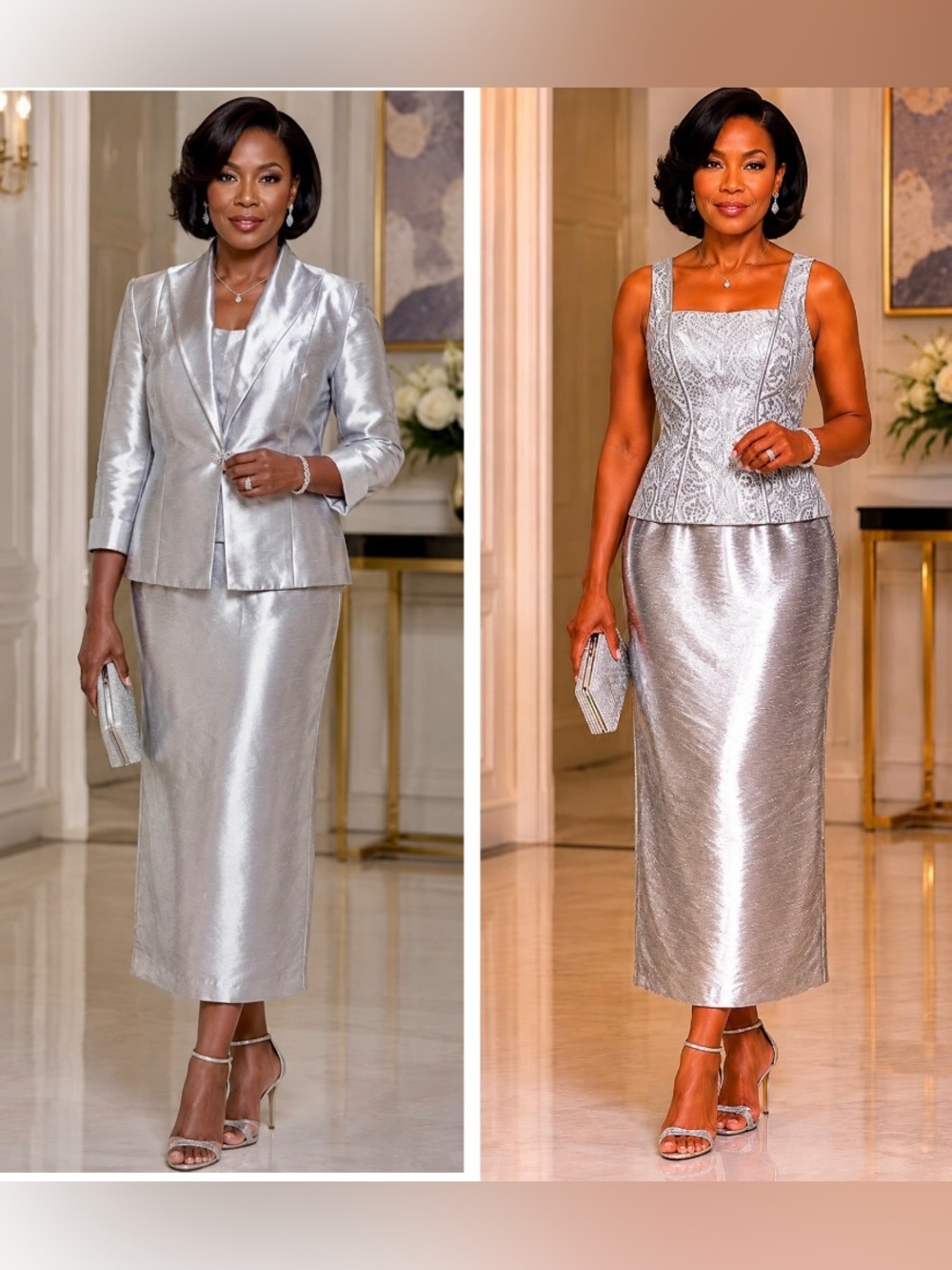Cachet Silver Metallic Formal Dress with Matching Jacket, Size Medium (8)